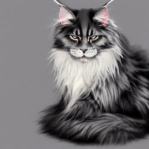 Image similar to a big old menacing dark grey maine coon cat with white belly, white paws and white face markings with long fur and fluffy tail, sitting, intricate, elegant, highly detailed, digital painting, artstation, concept art, matte, sharp focus, illustration, art by Artgerm and Greg Rutkowski and Alphonse Mucha