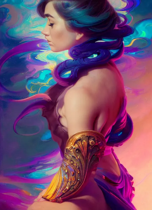 Image similar to side portrait, imogen poots, paladin, fantasy, gloomhaven, luminescent, organic painting, colorful swirly ripples, gaudy colors, by greg manchess, huang guangjian, gil elvgren, sachin teng, greg rutkowski, jesper ejsing, ilya kuvshinov