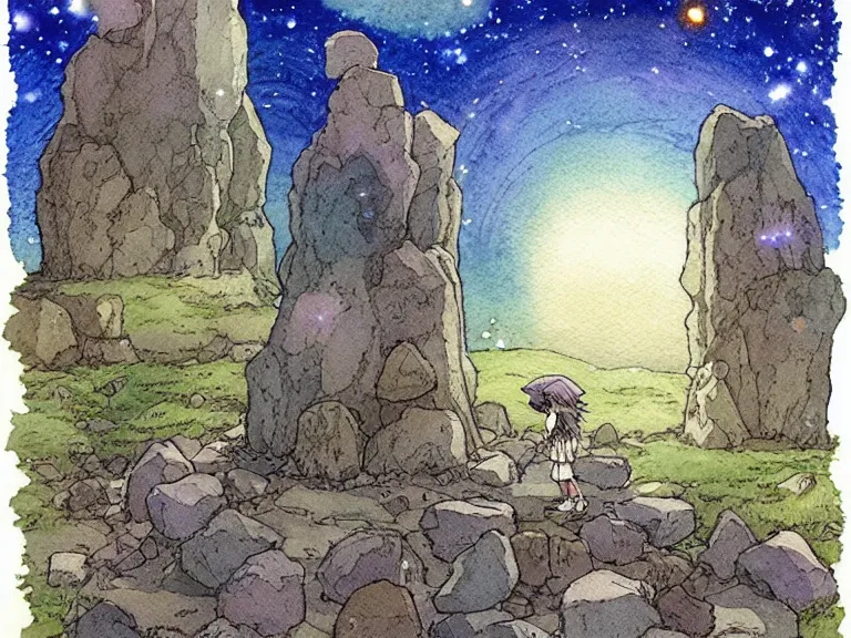 Prompt: a simple watercolor studio ghibli movie still fantasy concept art of a giant wizard playing with stones like they are toys in a tiny stonehenge. it is a misty starry night. by rebecca guay, michael kaluta, charles vess