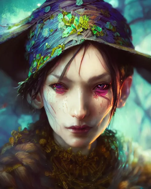 Image similar to portrait of a village witch, beautiful, fantasy, colorful, cinematic lighting, artstation, trending, highly detailed, focus, smooth, by hirohiko araki and yoshitaka amano