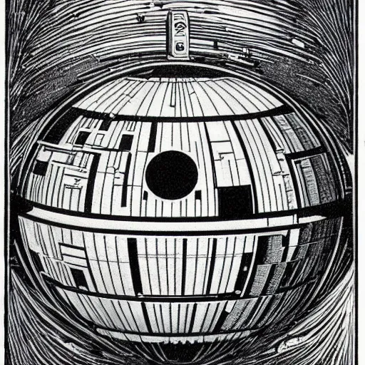 Prompt: escher woodcut of the death star from star wars