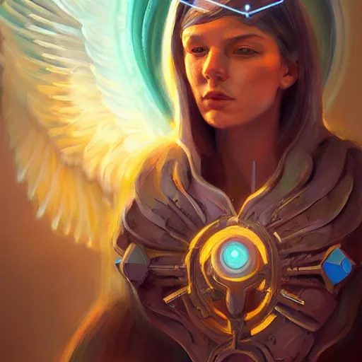 Prompt: portrait of a seraphim angel from a neo solar punk future future metaverse cyborg tech techno angelic warrior by Mandy Jurgens, cartoon, oil painting , visionary art, symmetric, Heavenly symbols, holy halo, astral patterns, sci-fi