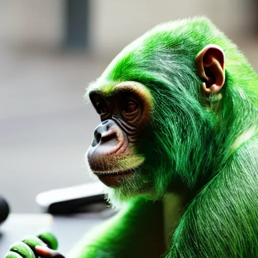 Image similar to a photo of a green chimp wearing headphones