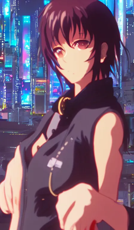 Image similar to anime fine details portrait of Revy in front of cyberpunk moder city landscape on the background deep bokeh, close-up view, anime masterpiece by Makoto Shinkai, 8k, sharp high quality anime, artstation