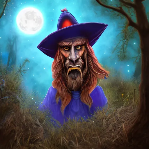 Prompt: portrait of the terrified Rincewind in the dark Forbidden Forrest, at night, full moon, blue tones, detailed, hyperrealistic, colorful, cinematic lighting, digital art by Kate Oleska