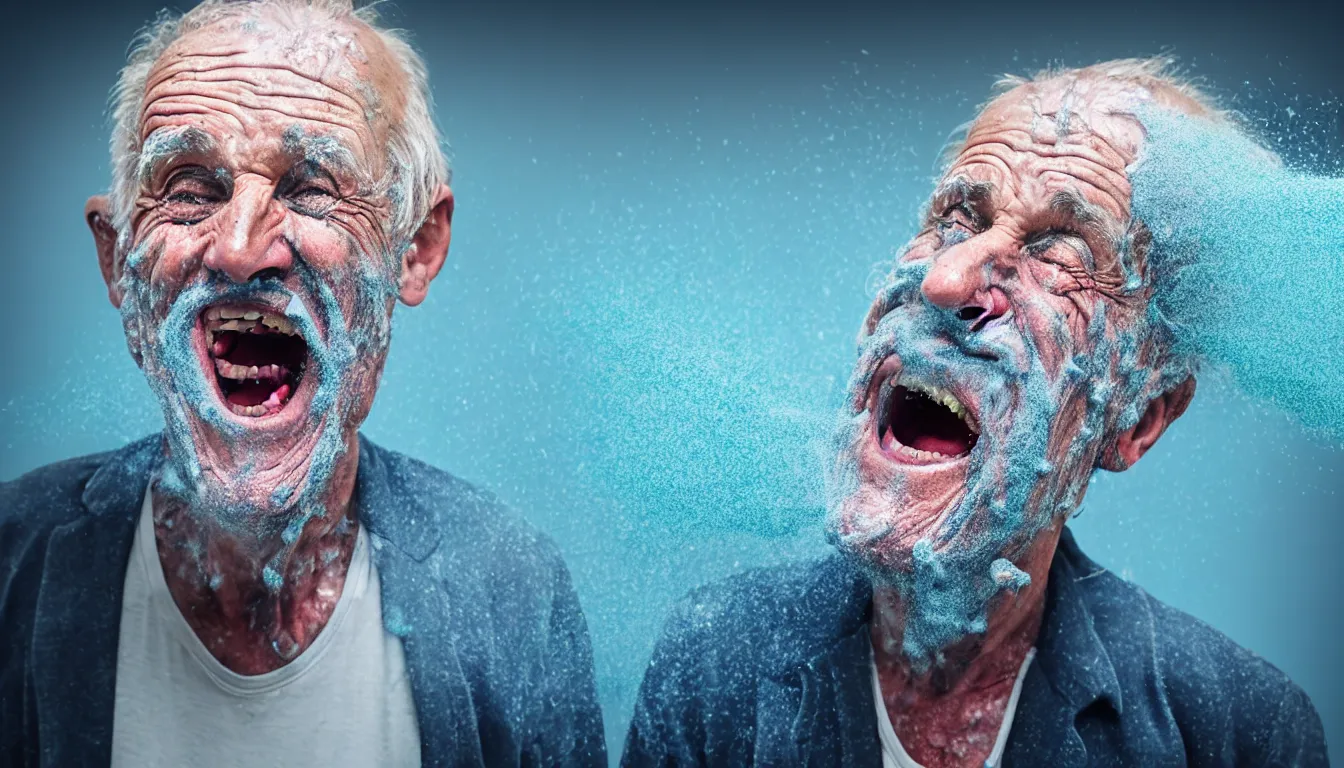 Image similar to hyper realistic photo in call centre, a celtic weathered old man, aesthetic! women, laughter and screaming face, feedback loop, burst of powders, spraying liquid, volumetric lighting, twisting vapour, bellowing dust, full colour, upscale, 8 k