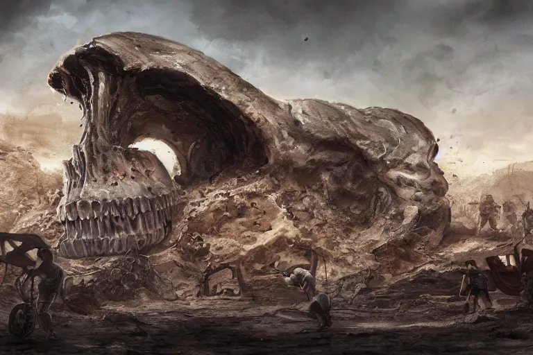 Prompt: a giant skull being unearthed in an excavation site, digital painting, mixed media, trending on artstation and deviantart, epic composition, magnum opus, highly detailed, 8 k