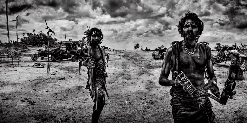 Prompt: sri lankan mad max style, guitar, film still, epic shot cinematography, rule of thirds