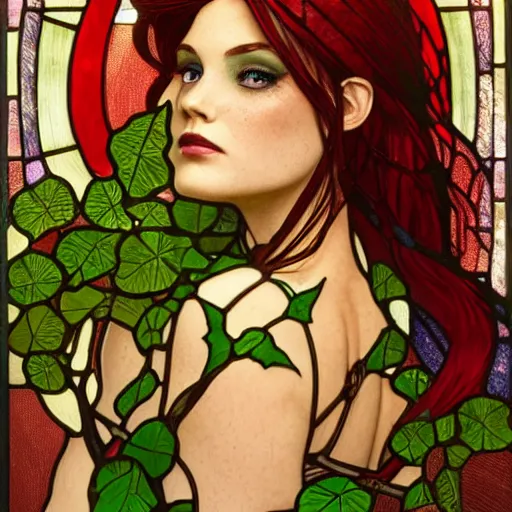 Prompt: a stunning stained glass window of ariel dressed as a beautiful poison ivy with hair tied in a braid, dark eyeliner, intricate, elegant, highly detailed, digital painting, artstation, concept art, sharp focus, illustration, art by artgem and jugendstil and greg rutkowski and alphonse mucha, pixv