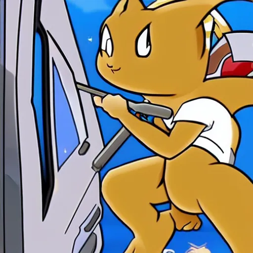 Prompt: Meowth from Pokémon breaking the side window of a car with a baseball bat.