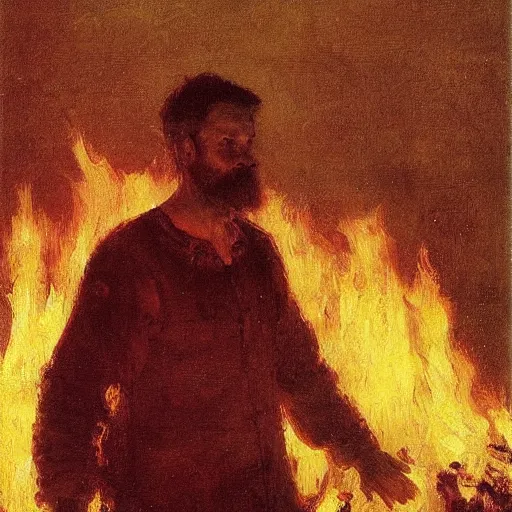 Image similar to high quality high detail painting by ilya repin, man standing in front of huge fire, hd