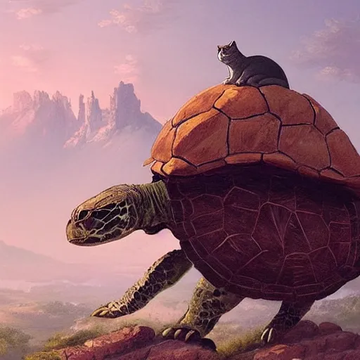 Image similar to The tallest mountain was topped by a cat riding a gigantic turtle, and there was another cat riding a large turtle atop the mountain. By Greg Rutkowski