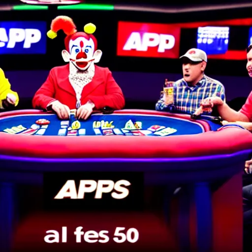 Image similar to world series of poker, a clown is at the final table, espn coverage, screenshot,