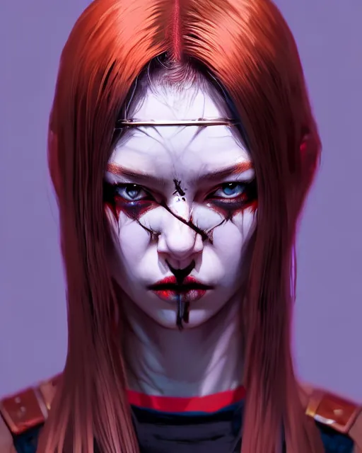 Image similar to full atomic scan face shot of a beautiful warlord girl, in tshirt with her buck knife ready, her morbid interests, irish, by saruei and guweiz and ilya kuvshinov and george miller, digital art, highly detailed, intricate, sharp focus, trending on artstation hq, deviantart, pinterest, unreal engine 5, 4 k uhd image