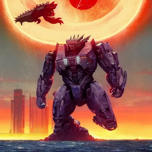 Image similar to pacific rim, godzilla ( 2 0 1 4 ), flares, halo, by simon stalenhag