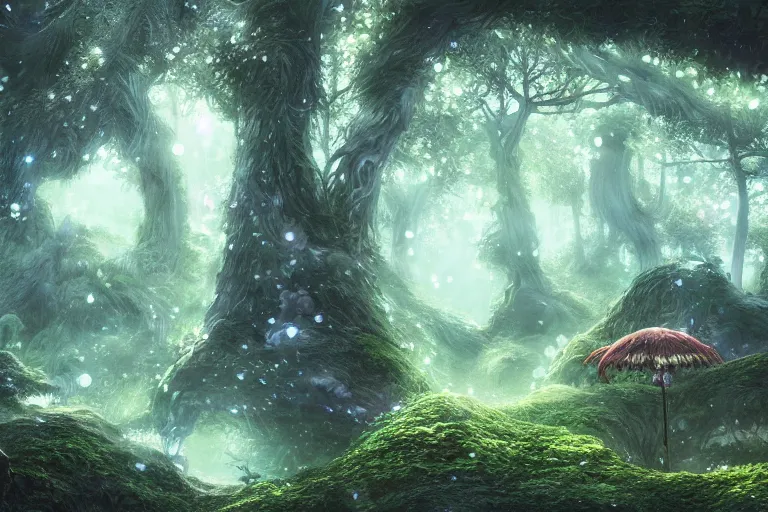 Image similar to fairy kingdom forest, miyazaki, nausicaa, ambient lighting, intricate, hyper detailed, smooth, dynamic volumetric lighting, cinematic, high quality, high resolution, 4 k