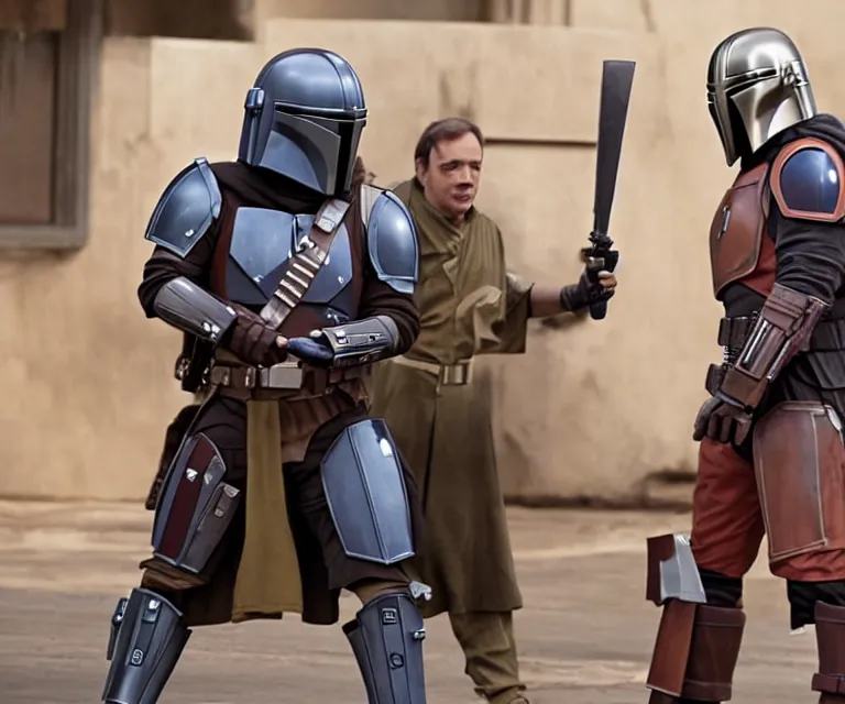 Prompt: still image of the mandalorian in an episode of seinfeld