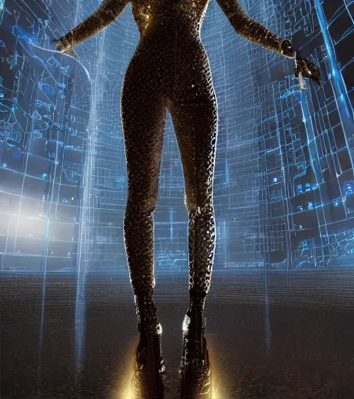 Image similar to tarkovsky greatest scene, the ancient majestic tower of babylon, woman in futuristic cyber clothing, transparent puffer jacket, hyper realistic, blockchain world, cyber world, ambient lighting, concept art, intricate, hyper detailed, smooth, dynamic volumetric lighting, octane, ray trace, cinematic, high quality, high resolution, 4 k, cgsociety