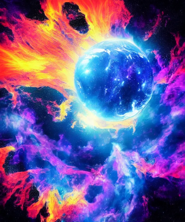 Image similar to blackhole sun, space, photorealistic, bright colors, phoenix flames, nebula clouds, soft tones