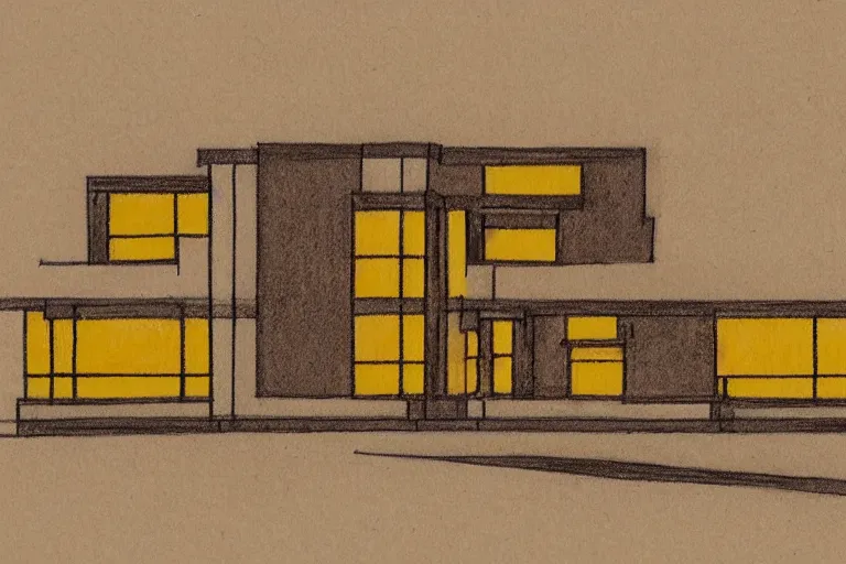 Prompt: a very detailed architectural sketch of a modern building by frank lloyd wright on a textured brown paper, windows bright with orange and yellow light color spilling on the floor