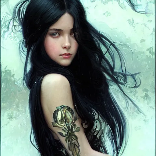 Image similar to portrait of teenage girl with long glossy black hair, blue eyes, glowing skin, fashion model features, fantasy, intricate, elegant, black dress, highly detailed, digital painting, artstation, concept art, smooth, sharp focus, illustration, art by Krenz Cushart and Artem Demura and alphonse mucha