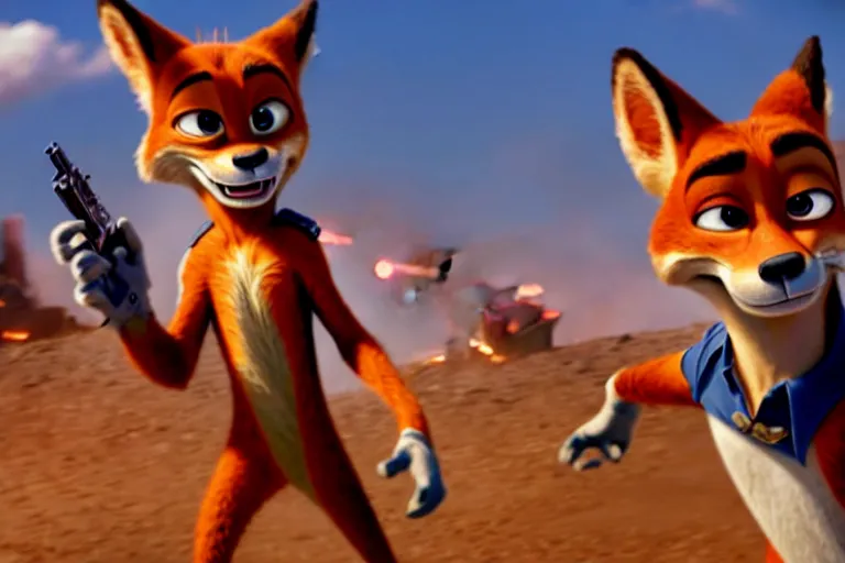 Image similar to nick wilde ( from zootopia ), heavily armed and armored facing down armageddon in a dark and gritty reboot from the makers of mad max : fury road : witness me