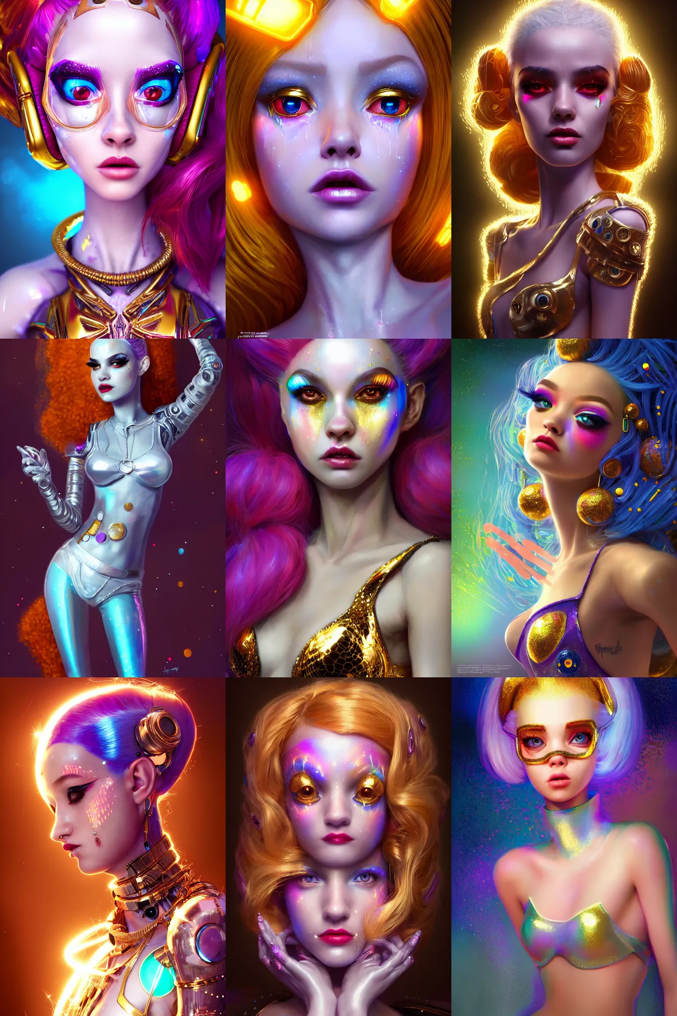 Prompt: pixar portrait 8 k photo, beautiful shiny white rich galactic gogo dancer clowncore russian cyborg college girl, golden ratio details, sci - fi, fantasy, cyberpunk, intricate, decadent, highly detailed, digital painting, ever after high, octane render, artstation, concept art, smooth, sharp focus, illustration, art by artgerm, loish, wlop