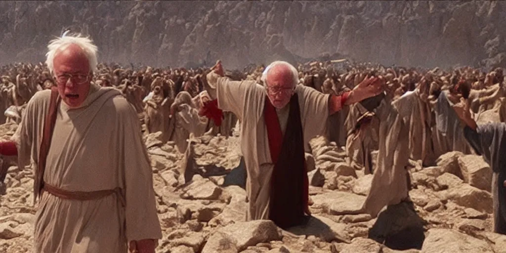 Image similar to Bernie Sanders as Moses, parting the Red Sea, in screenshot from the 10 Commandments movie