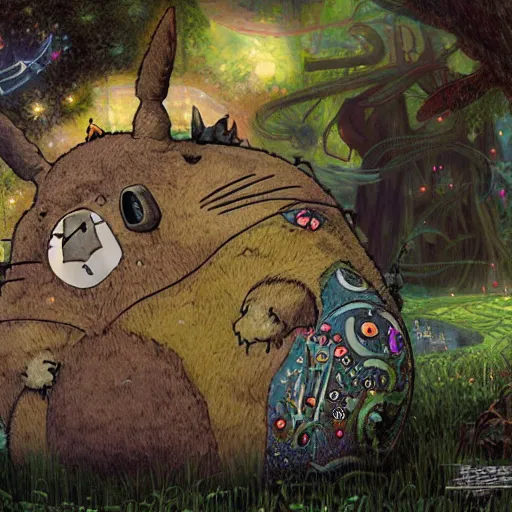 Image similar to totoro tripping on lsd, intricate detail, royo, klimt, miro, vallejo, frazetta, giger, whealan, hd, unreal engine,