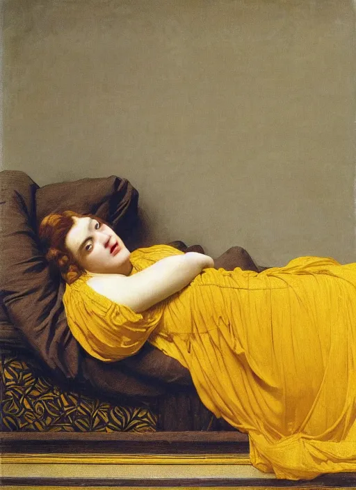 Image similar to masterpiece portrait of lady reclining on bed wearing yellow ochre ornate medieval dress, vertical, foreshortening, colour photography by frederic leighton, william morris, 8 k