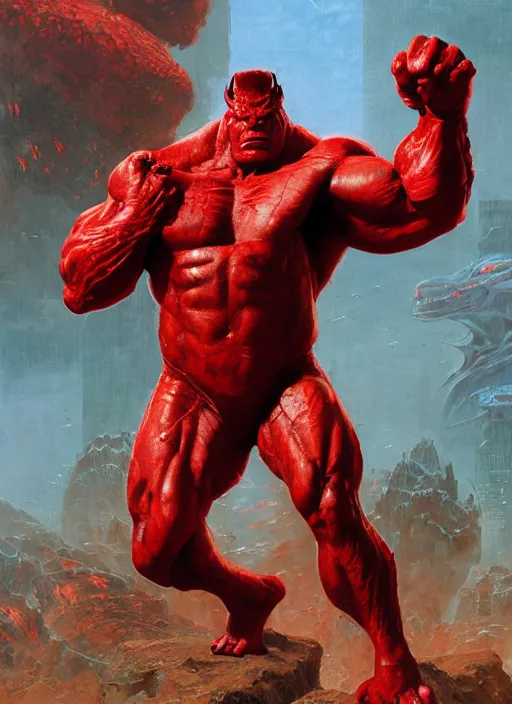 Prompt: brock lesnar as reptilian red hulk wearing scifi armour suit, dynamic action, by lawrence alma - tadema and zdzislaw beksinski and norman rockwell and jack kirby and tom lovell and greg staples, artstation creature art