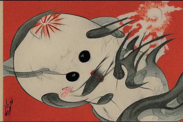 Image similar to baby harp seal as Japanese demons, traditional Japanese painting