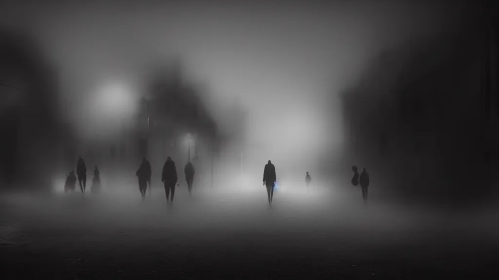 Image similar to the crowd flees the village, fog, volumetric lighting, mystique, atmospheric, sharp focus, ultra detailed, noir art house, 4 k, cinematic, 3 5 mm