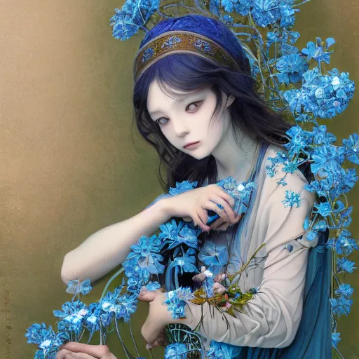 Image similar to breathtaking detailed concept art painting of the goddess of nemophila flowers, orthodox saint, with anxious, piercing eyes, ornate background, amalgamation of leaves and flowers, by Hsiao-Ron Cheng, James jean, Miho Hirano, Hayao Miyazaki, extremely moody lighting, 8K