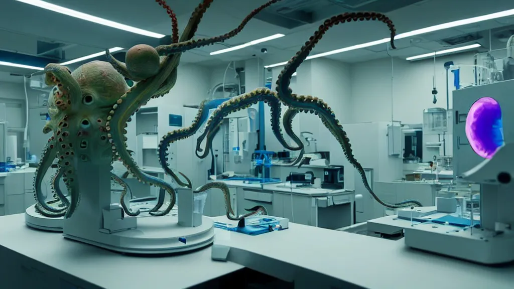 Prompt: a complex mri 3 d printer machine making colorful mutant octopus forms and control panels in the laboratory inspection room, film still from the movie directed by denis villeneuve with art direction by salvador dali, wide lens