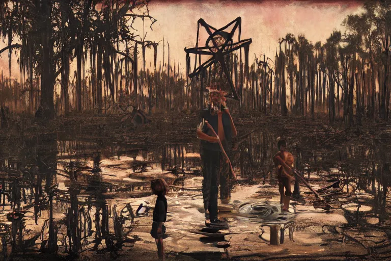 Prompt: scene from louisiana swamps, portrait, voodoo cult, old protestant church with neon satanic pentagram, junkyard by the road, boy scout troop, voodoo artwork by tim eitel