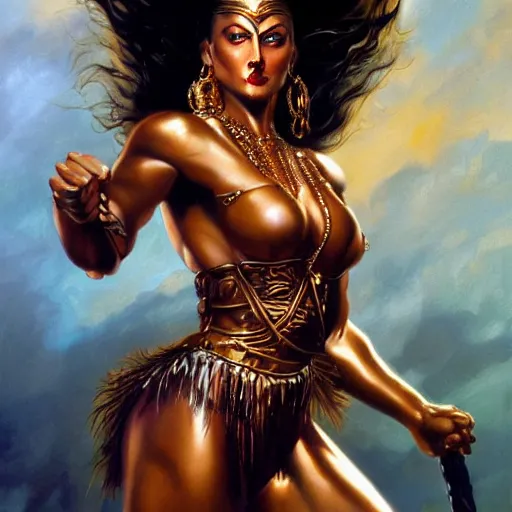 Image similar to detailed oil painting of tall hyper - muscular shining bronze - skinned warrior woman with silver eyes, wearing xena armor, full body, with long wavy flowing black hair and big gold earrings, jewelry, red lipstick, makeup, feminine, volumetric lighting, dynamic composition, art by boris vallejo, heavy metal magazine