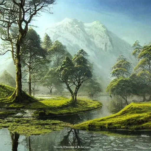 Image similar to beautiful serene fantasy landscape by alan lee, smooth, detailed terrain, oil painting, matte painting concept art, trending on art station