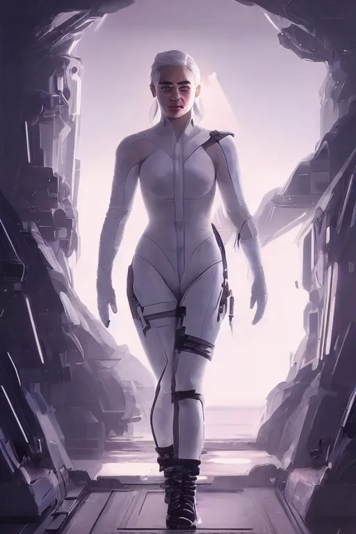 Prompt: Emilia Clarke wearing a White Cyberpunk outfit, anatomy, only two hands, highly detailed, digital painting, artstation, concept art, smooth, sharp focus, illustration, Unreal Engine 5, 8K, art by art by artgerm and greg rutkowski and edgar maxence