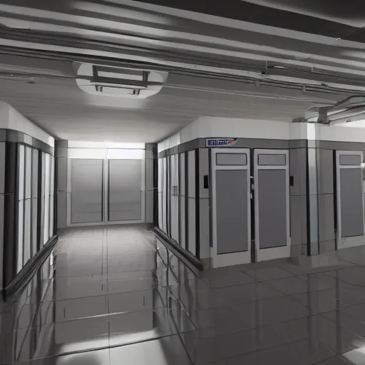 Image similar to holding cells in underground lab, sterile, clean, cinematic, liminal space, unreal engine, cctv footage, in-game screenshot