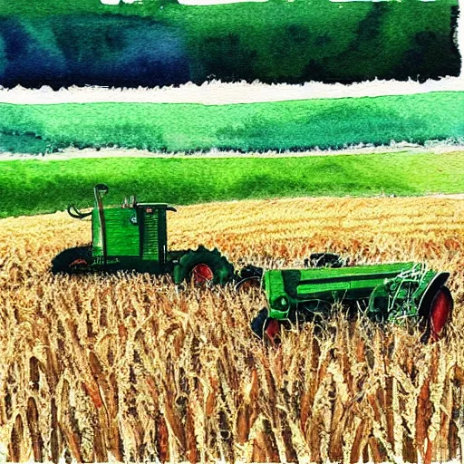 Prompt: “Water color painting of a green tractor on a wheat field”