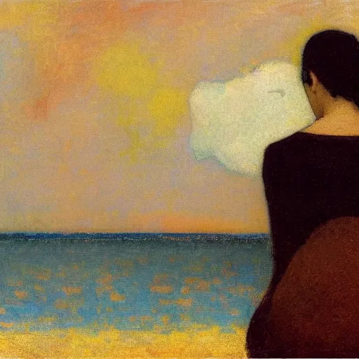 Prompt: a woman and her black and brown chihuahua looking out at the ocean by odilon redon