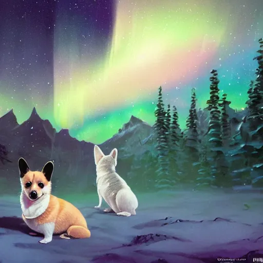 Prompt: the most adorable corgi puppy under the northern lights, hyperrealistic, very lifelike, extremely detailed, beautiful digital illustration by artgerm, moebius, greg rutkowski, ruan jia, simon stalenhag, makoto shinkai, trending on artstation, 8 k, masterpiece, award - winning