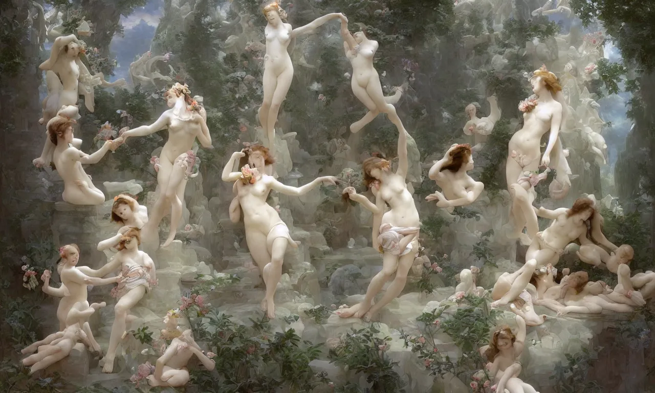 Prompt: a luminous springtime fairytale of beautiful maidens frollicing in the romantic courtyard of an underwater baroque white marble cathedral with stained glass windows. Neon light, masterpiece 4k digital illustration by Ruan Jia and Mandy Jurgens and William-Adolphe Bouguereau, award winning, Artstation, Gustave Dore' background, intricate details, realistic, panoramic view, volumetric lighting, Hyperdetailed, 8k resolution, golden hour, rendered in Unreal Engine 3