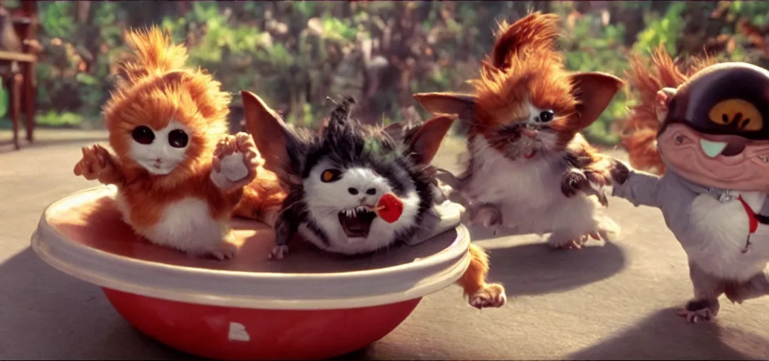 Image similar to mogwai gizmo and rufio skateboarding inside a cereal bowl, movie still, 8 k, hd, from the new honey i shrunk the kids movie