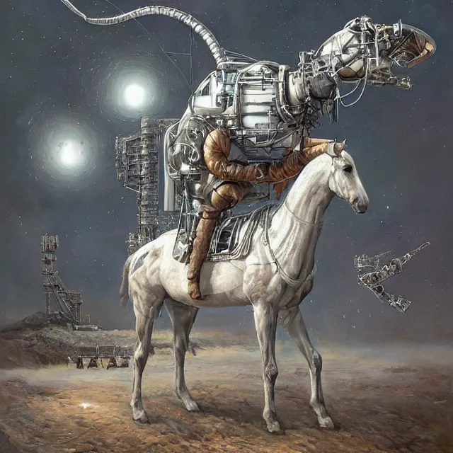 Image similar to horse sitting on the astronaut's back, while he crawling on knees, industrial sci - fi, by mandy jurgens, ernst haeckel, james jean