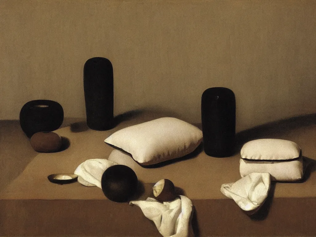 Image similar to still life with a zafu meditation pillow. Painting by Hammershoi, Zurbaran, Morandi