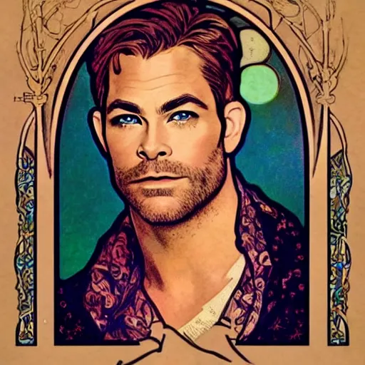 Prompt: chris pine portrait by louis - theophile hingre and alphonse mucha, realistic, sharp focus, zodiac signs, tarot cards, planets, ethereal, art nouveau, magic, moon, sun, crown, dreamy, royal, jewellery