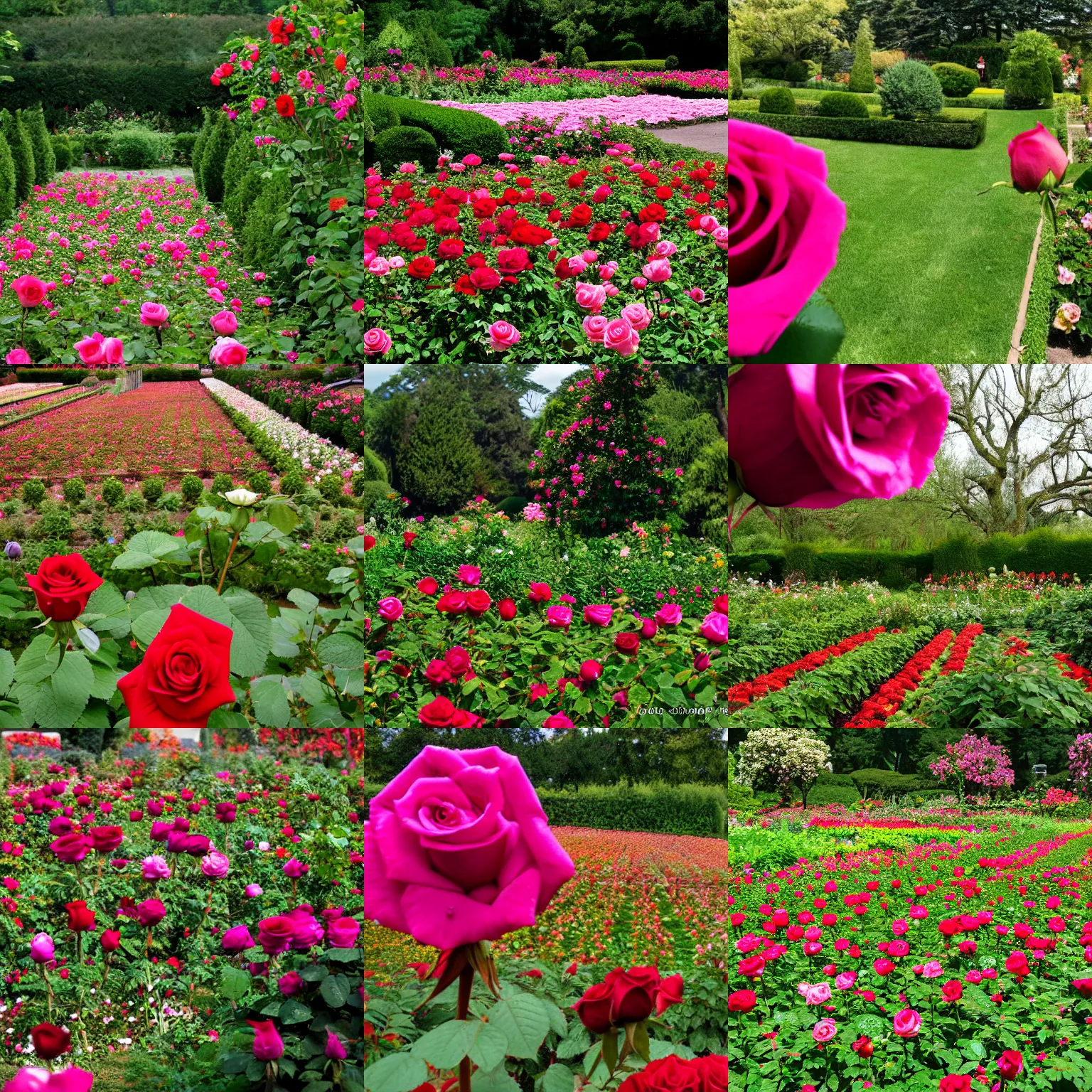 Prompt: a flower's eye view of a rose garden