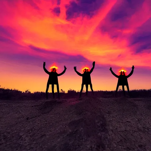 Image similar to a wide angle photo of three small orange glowing people rising into the sky, far away, inspiring, beautiful, brightly colored, paranormal